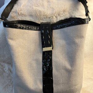 Brahmin - Black Leather Trimmed Bucket Bag